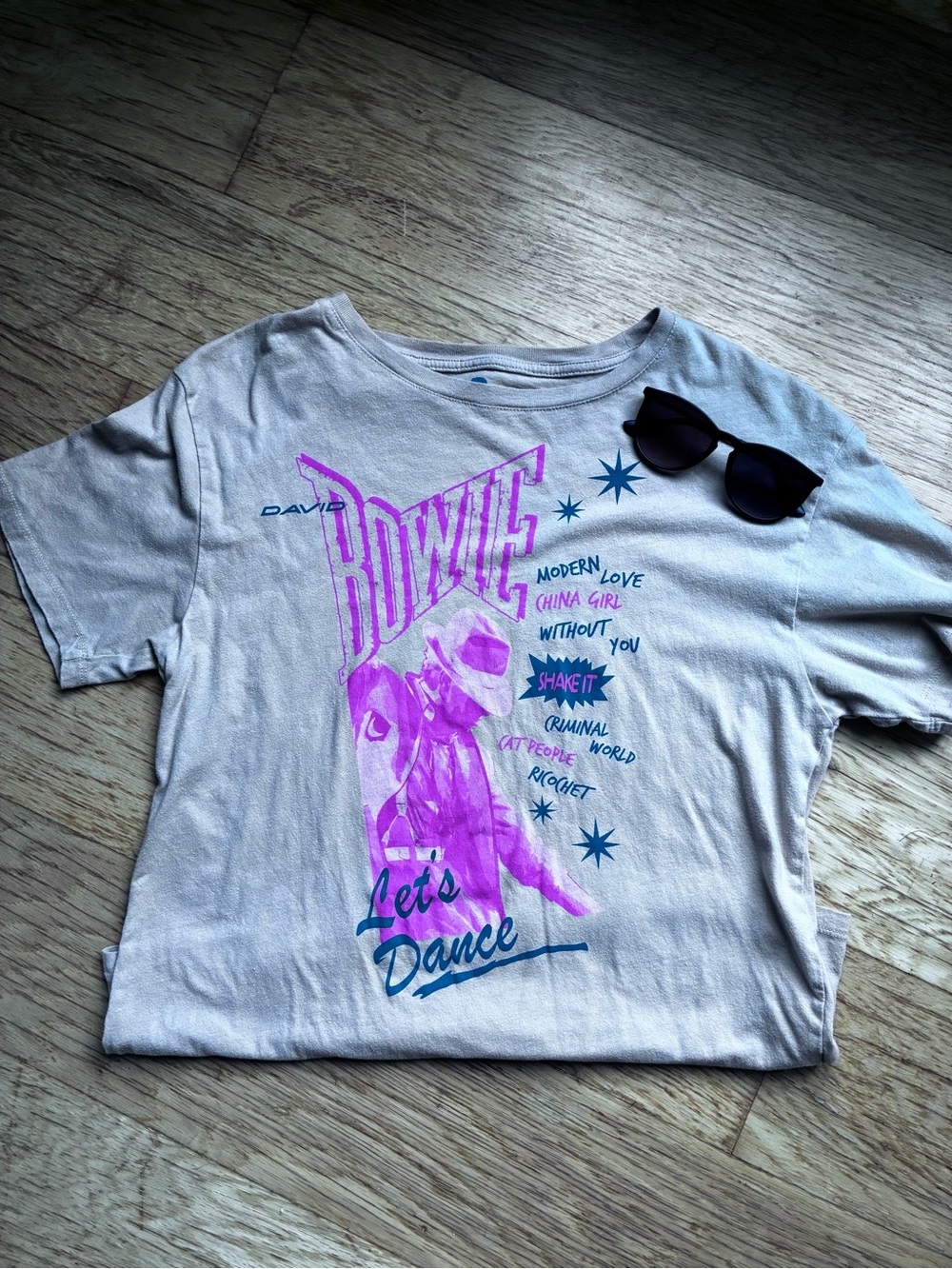 David Bowie "Let's Dance" Graphic Tee in White with Pink & Teal Print